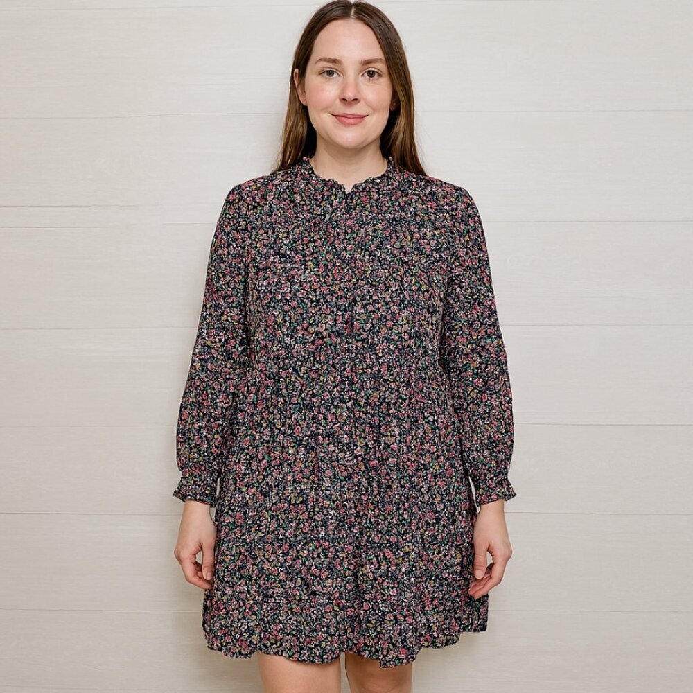 J. Crew Women's Pink and Purple Floral Print Long Sleeve Tiered Mini Dress